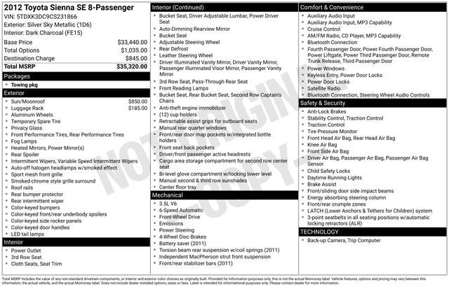 2012 Toyota Sienna SE 8 Passenger